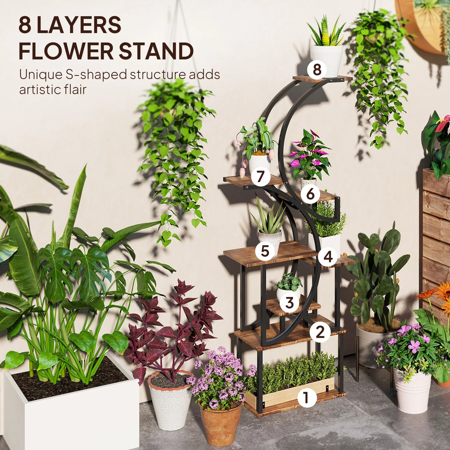 8 Tier Plant Stand, 62" S-Shaped Plant Shelf, Carbonized Finish annizon.com