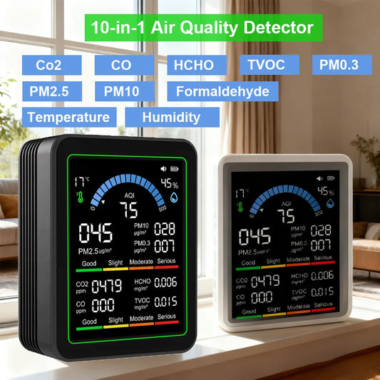 10-in-1 CO2 Air Quality Detector PM0.3 PM1.0 PM2.5 PM10 HCHO TVOC Tester Temperature and Humidity Meter Carbon Dioxide Monitor