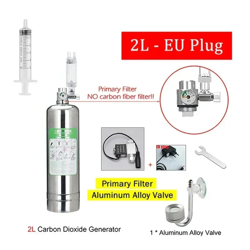 2L Aquarium DIY CO2 Generator System Kit Stainless Steel CO2 Cylinder Generator System Carbon Dioxide Reactor Kit for Plant Fish