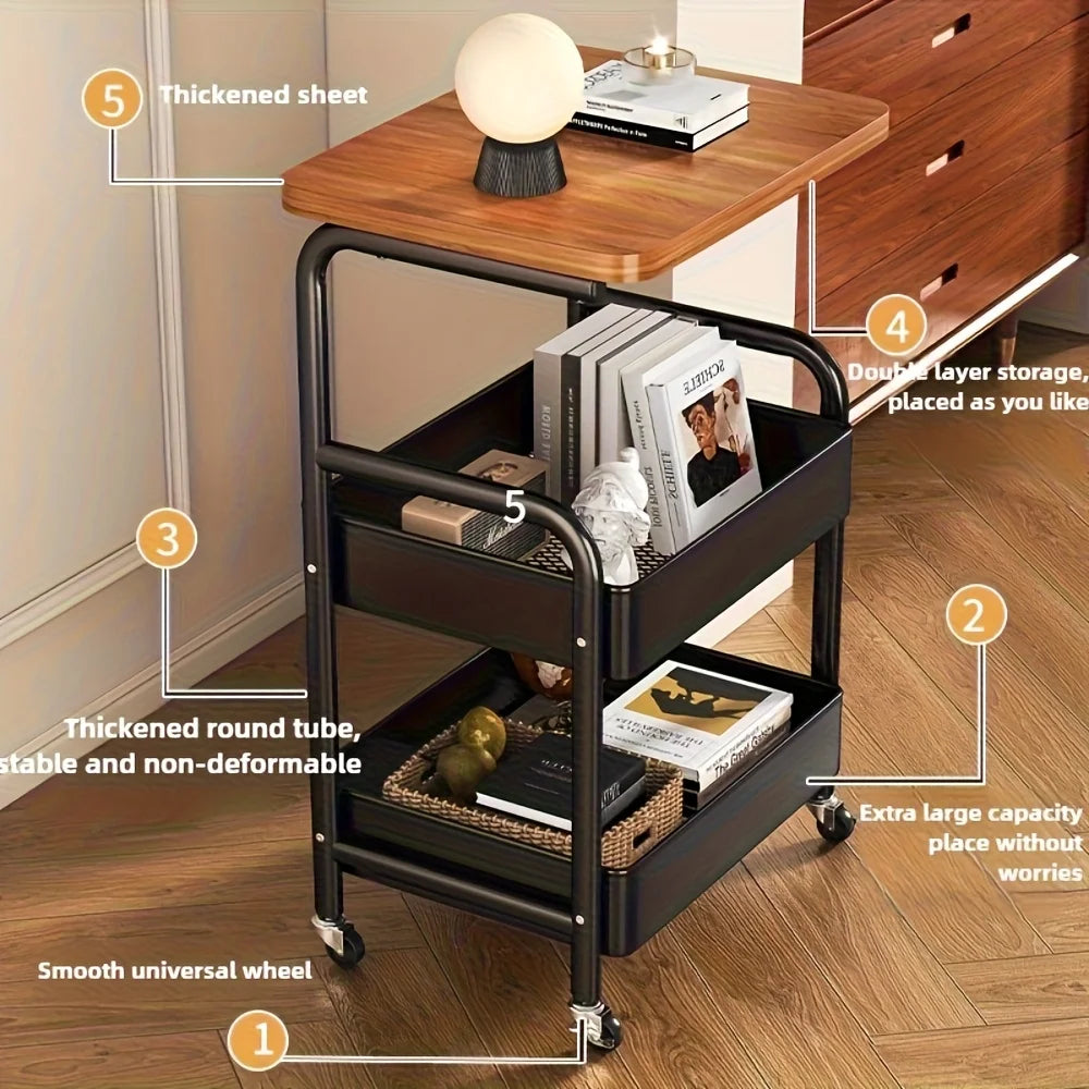 3-Tier Rolling Cart with Tabletop, Metal Tool and Snack Rack with Storage, Durable Carbon Steel Frame, Wheels for Easy Mobility annizon.com