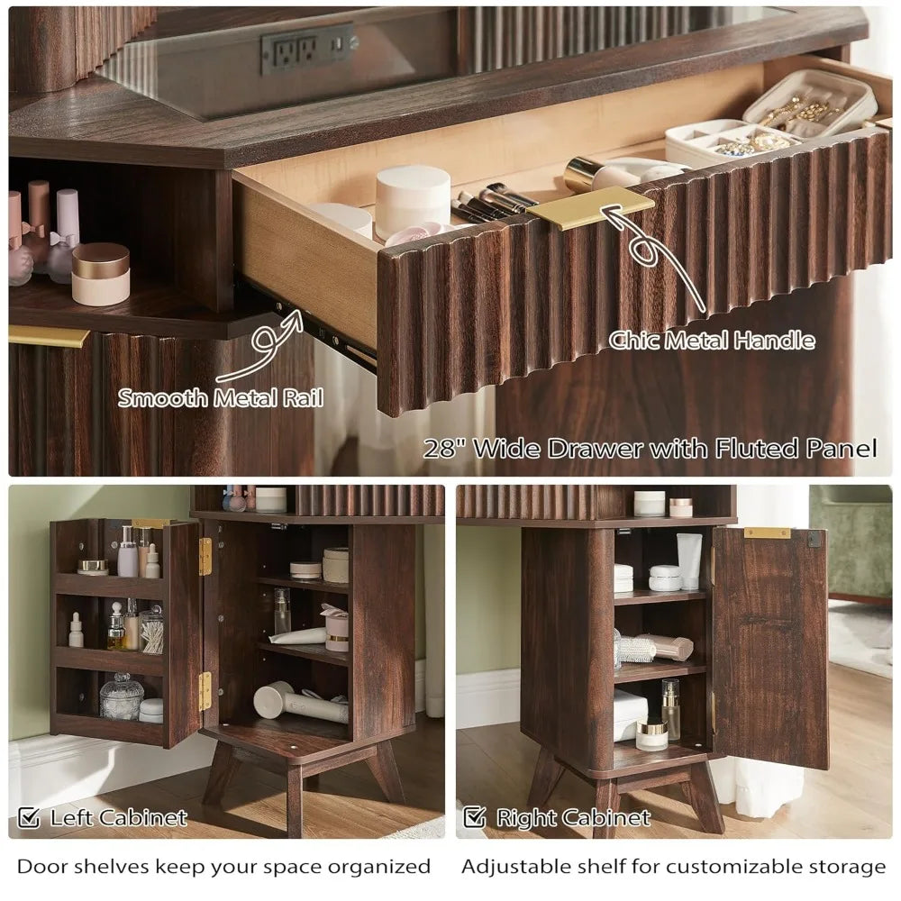 Fluted Makeup Vanity Desk with 3 Way Mirror and Lights, 48" Large Corner Vanity Table with Glass Top, Charging, Customized annizon.com