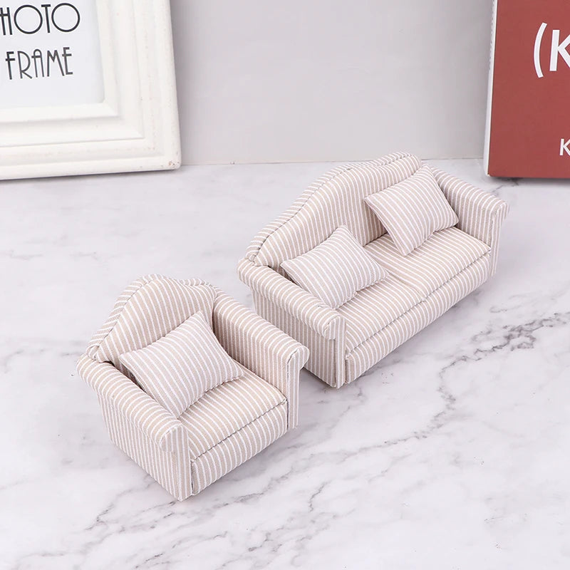 1:12 Dollhouse Miniature Striped Furniture Sofa With Pillow Sofa Model Furniture Scene Toy Doll House Decor Dollhouse Accessorie annizon.com