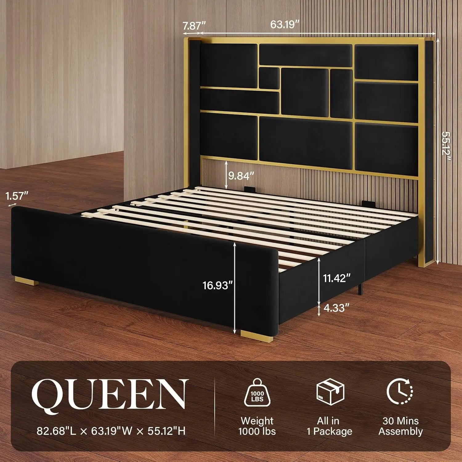 Bed Frame with 55.12" Tall Headboard, Modern Luxury Velvet Upholstered Platform Bed with Gold Trim, Wide Wingback, Custom annizon.com