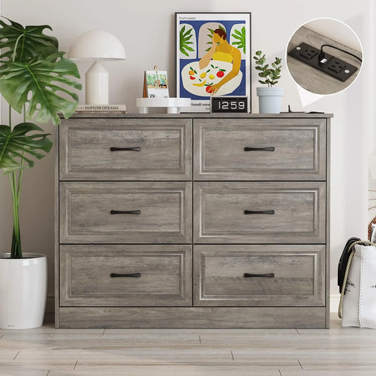 Vabches 6 Drawer Dresser for Bedroom Wood Chest of Drawers with Power Strip Tall Dresser Organizer with Metal Handle for Hallway annizon.com