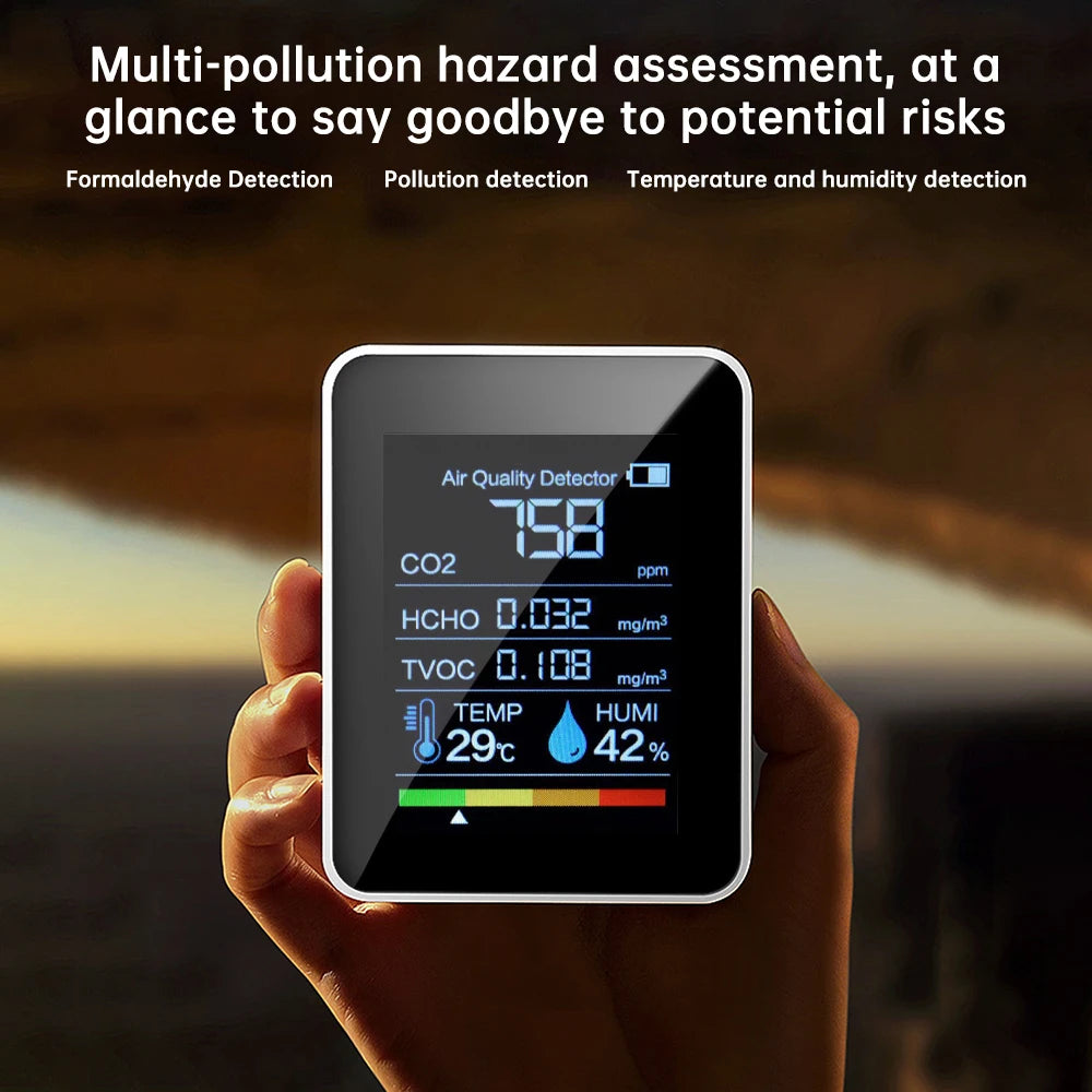 5-in-1 Carbon Dioxide Detector Formaldehyde/TVOC/CO₂/Temperature/Humidity Air Quality Monitor Audible and Visual Alarm Function