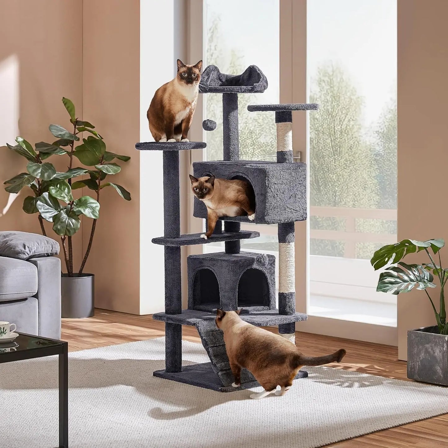 54in Multi-Level Cat Tree Kitten-ear Perch 2 Caves Scratch Posts Ladder 2 Balls Indoor Kittens Durable Pet Furniture , Custom annizon.com