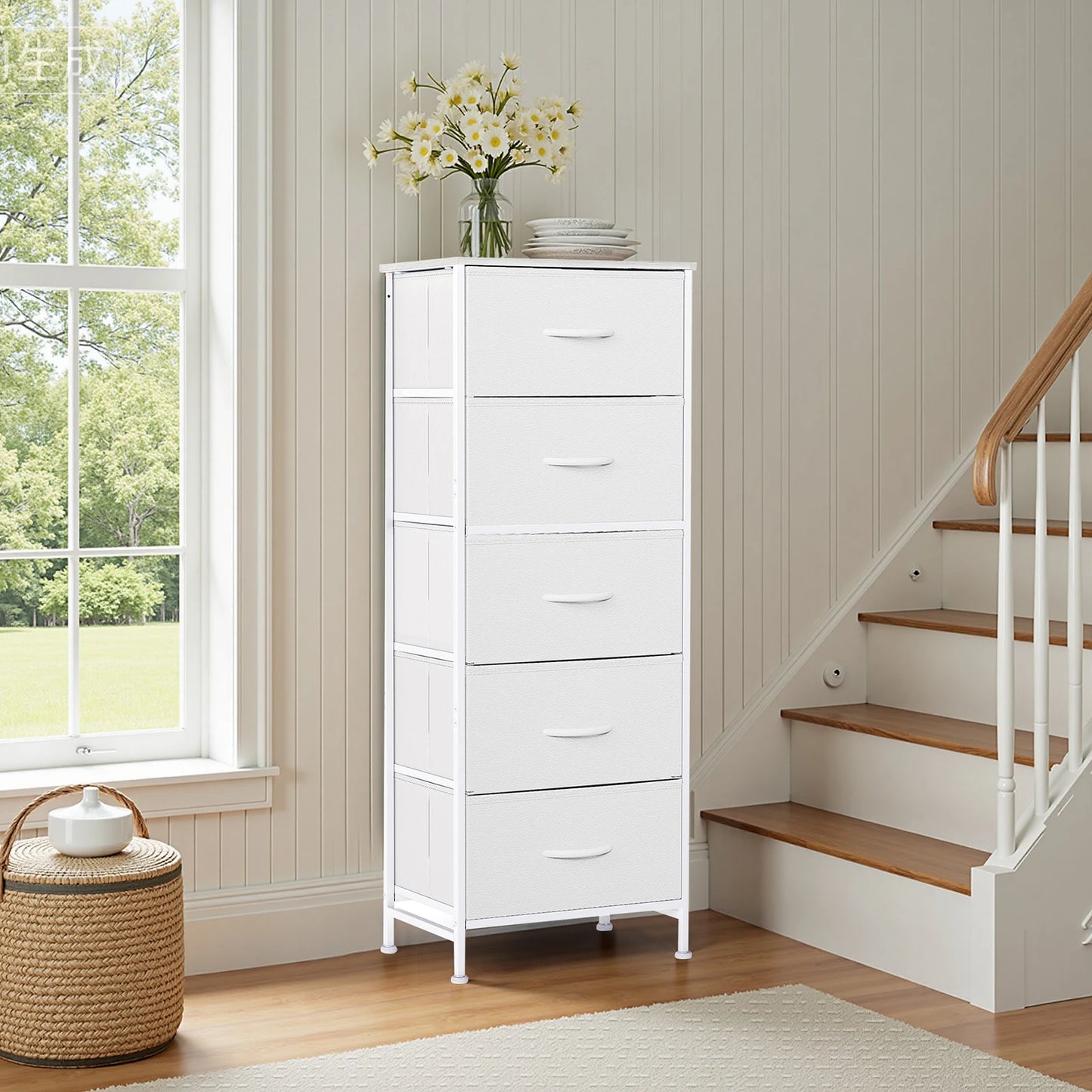 JHK 48IN Dresser For Bedroom With 5 Fabric Drawers Nightstand Wardrobe Steel Frame Closet For Clothes Storage Cabinet Furniture annizon.com