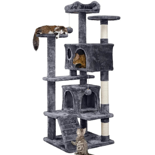 54in Multi-Level Cat Tree Kitten-ear Perch 2 Caves Scratch Posts Ladder 2 Balls Indoor Kittens Durable Pet Furniture , Custom annizon.com
