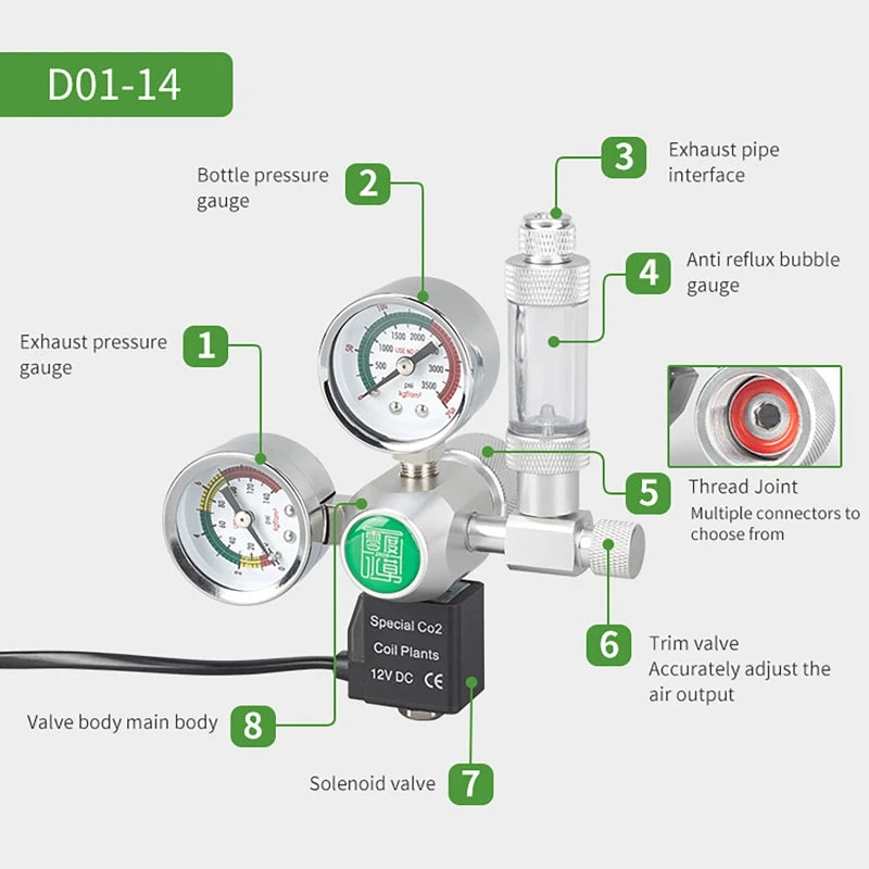 Aquarium CO2 Regulator Solenoid DIY Bubble Counter Control System Reaction Double Gauge Fish Tank CO2 Pressure Reducing Valve