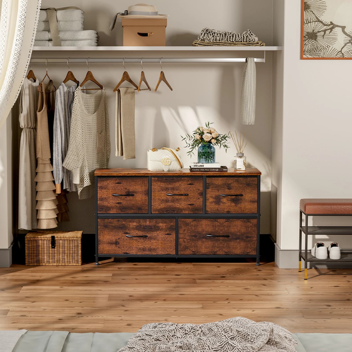 JHK Living Room Display Cabinet Layers With 5 Fabric Drawers Wardrobe Steel Frame Assembly Closet For Clothes Storage Dresser annizon.com