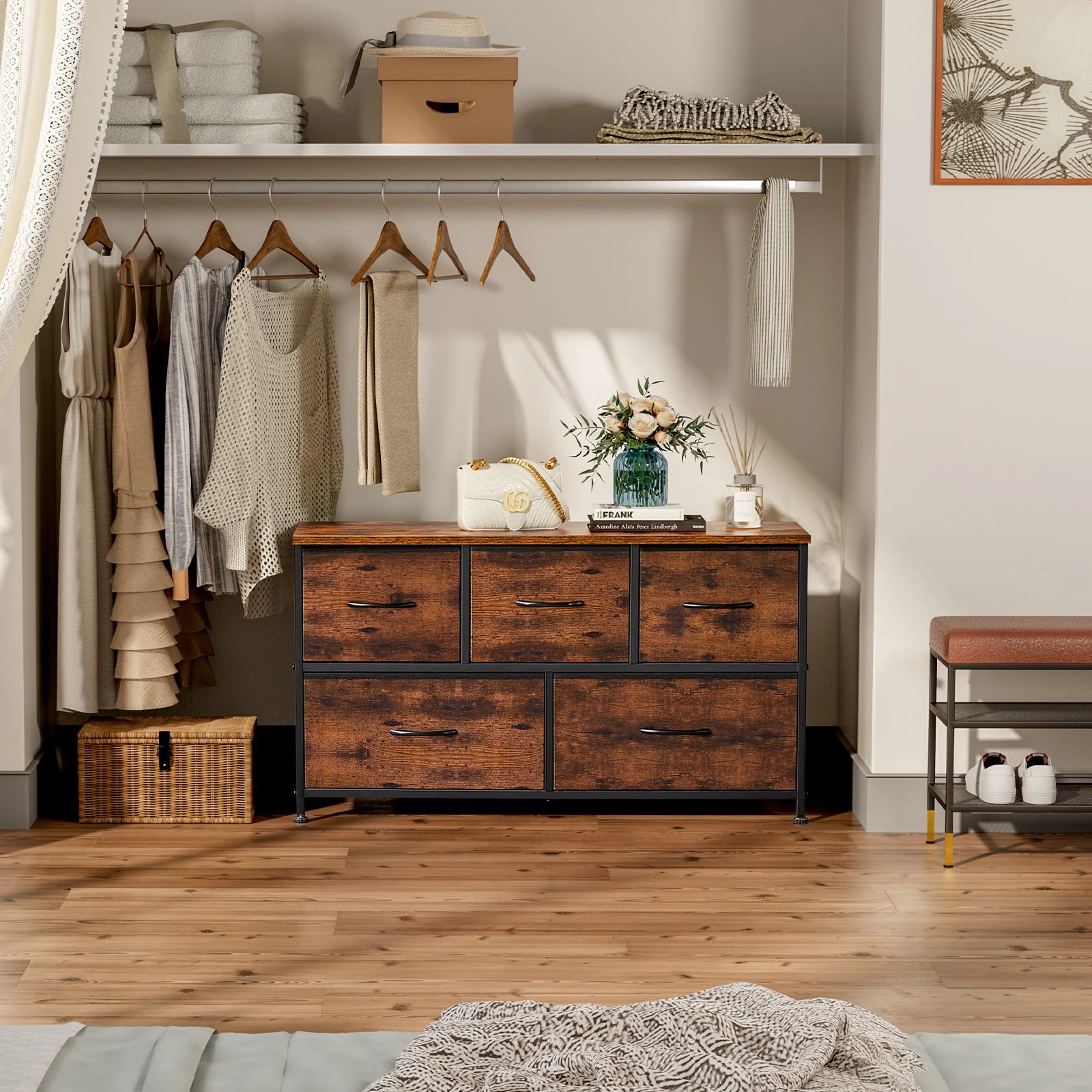 JHK Living Room Display Cabinet Layers With 5 Fabric Drawers Wardrobe Steel Frame Assembly Closet For Clothes Storage Dresser annizon.com