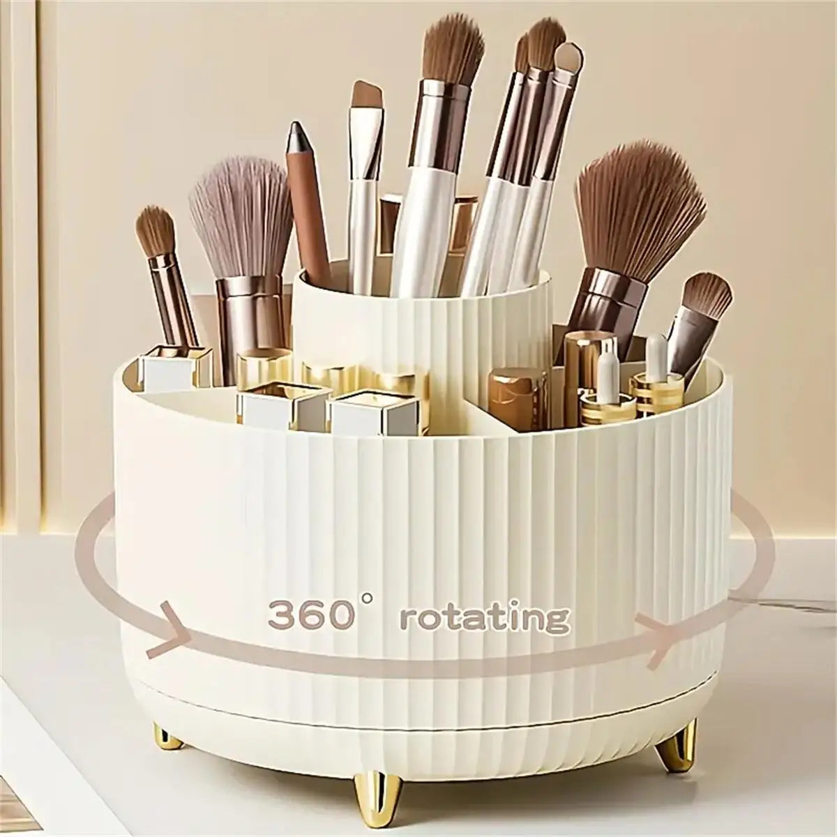 360° Rotating Makeup Organizer - 1pc Plastic Cosmetic Storage with 5 Compartments - Multi-Functional Holder for Brushes annizon.com