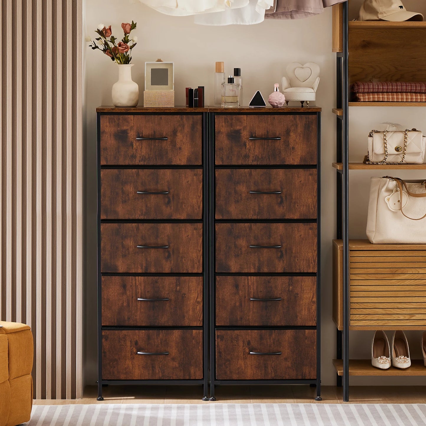 JHK 48IN Dresser For Bedroom With 5 Fabric Drawers Nightstand Wardrobe Steel Frame Closet For Clothes Storage Cabinet Furniture annizon.com