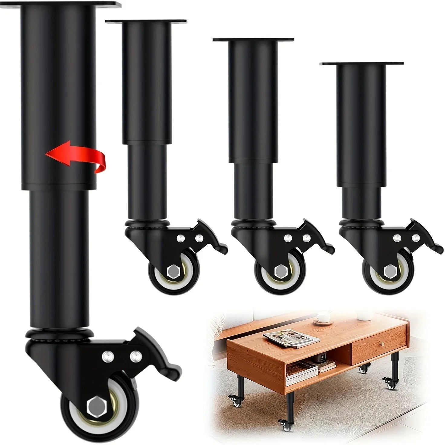 4pcs Metal Extendable Furniture Legs with Casters,  Table Legs,with Heavy-Duty Replacement for Cabinets, Sofas, Desks, Dressers annizon.com