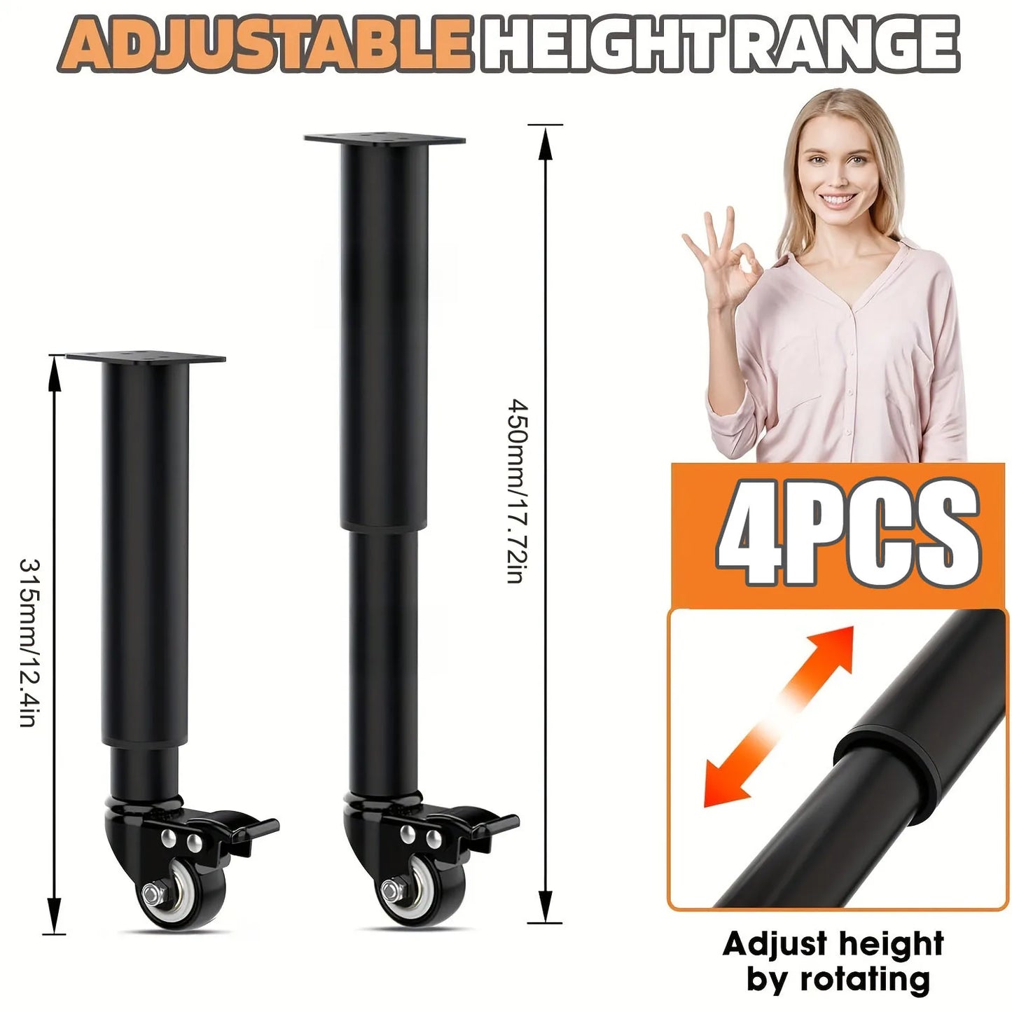 4pcs Metal Extendable Furniture Legs with Casters,  Table Legs,with Heavy-Duty Replacement for Cabinets, Sofas, Desks, Dressers annizon.com
