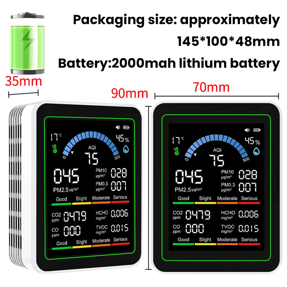 10-in-1 CO2 Air Quality Detector PM0.3 PM1.0 PM2.5 PM10 HCHO TVOC Tester Temperature and Humidity Meter Carbon Dioxide Monitor
