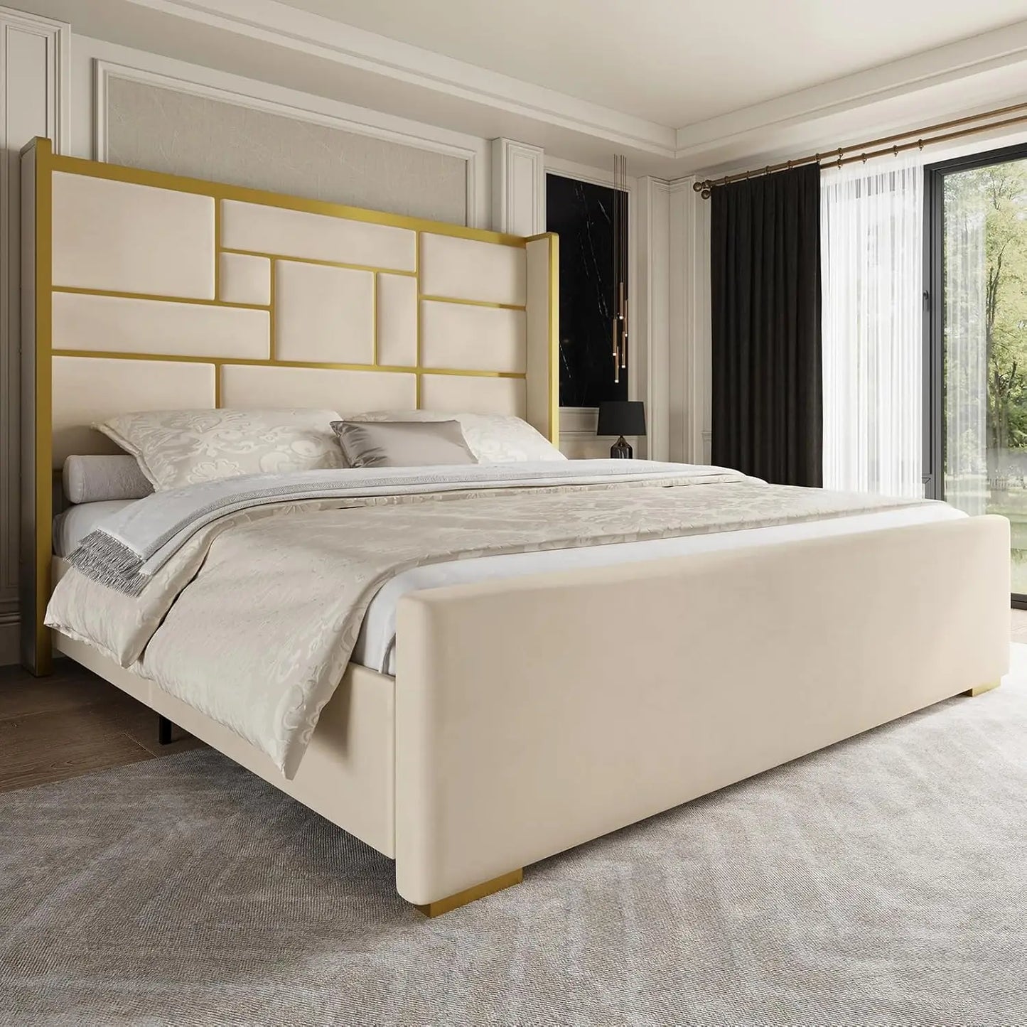 Bed Frame with 55.12" Tall Headboard, Modern Luxury Velvet Upholstered Platform Bed with Gold Trim, Wide Wingback, Custom annizon.com