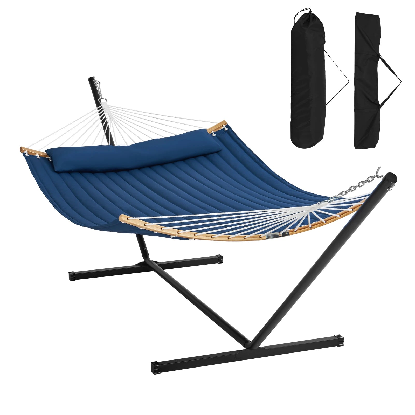 SucceBuy Two Person Hammock with Stand Included Double Hammock with Curved Spreader Bar and Detachable Pillow and Portable Bag annizon.com