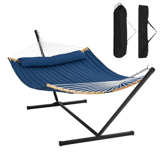 SucceBuy Two Person Hammock with Stand Included Double Hammock with Curved Spreader Bar and Detachable Pillow and Portable Bag annizon.com