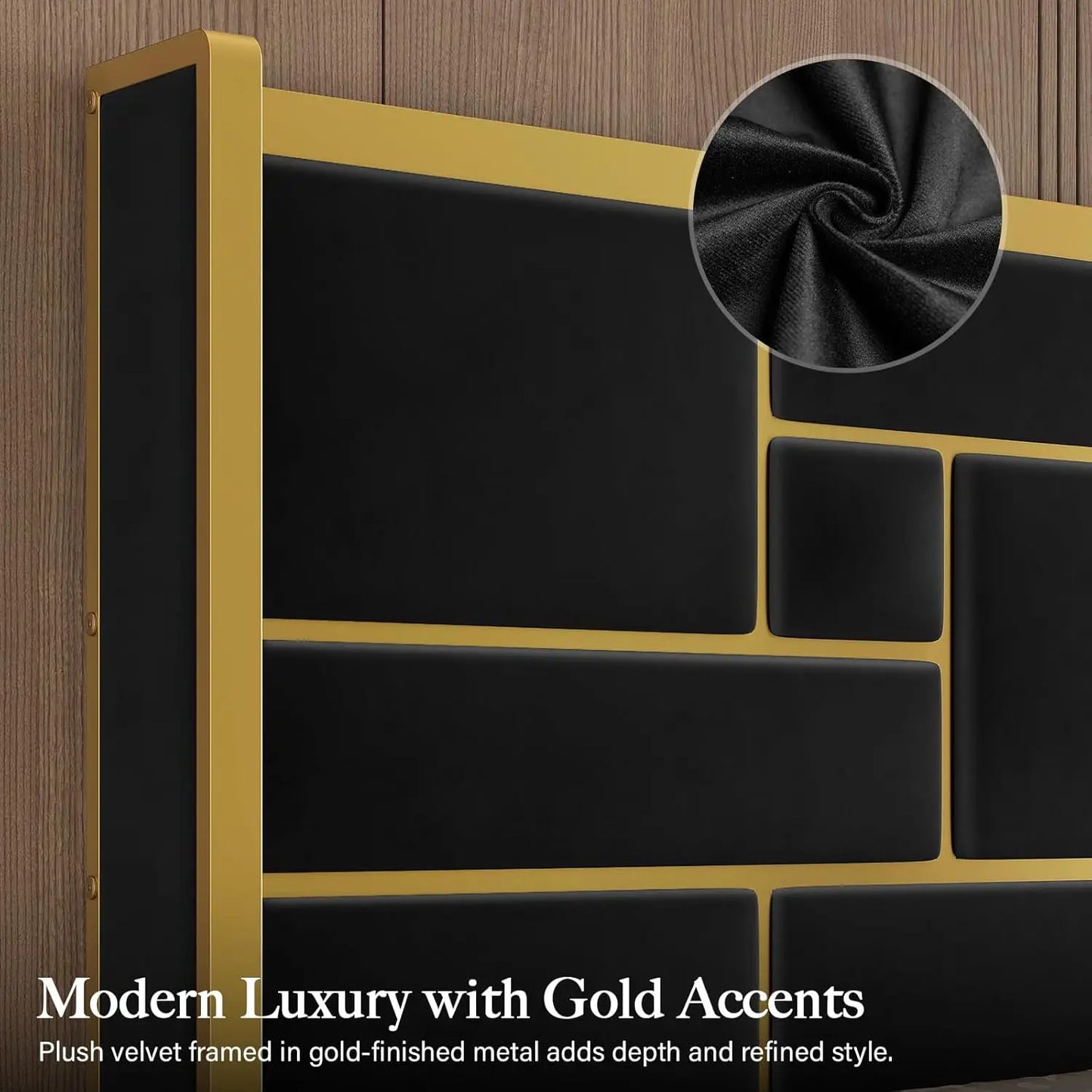 Bed Frame with 55.12" Tall Headboard, Modern Luxury Velvet Upholstered Platform Bed with Gold Trim, Wide Wingback, Custom annizon.com
