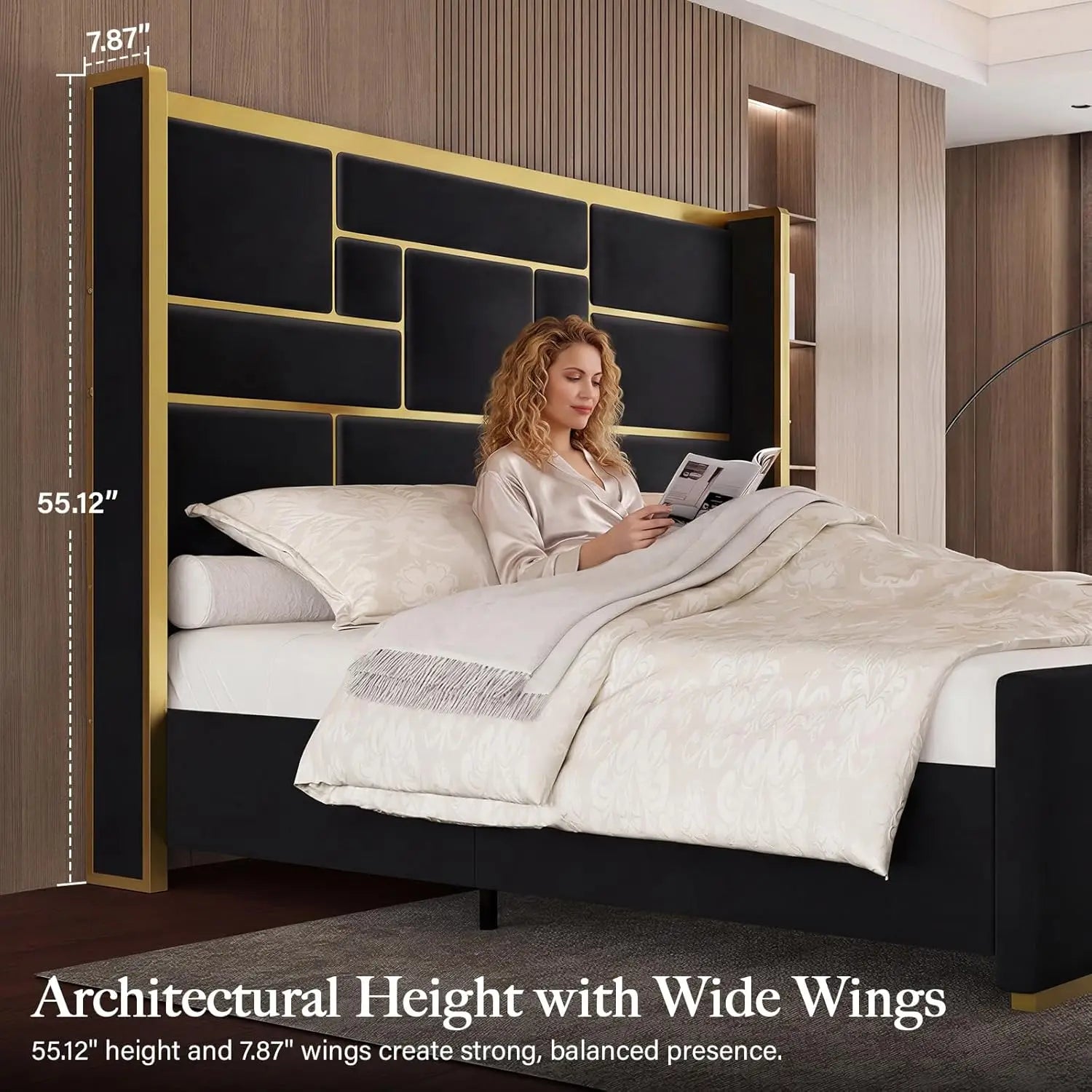 Bed Frame with 55.12" Tall Headboard, Modern Luxury Velvet Upholstered Platform Bed with Gold Trim, Wide Wingback, Custom annizon.com