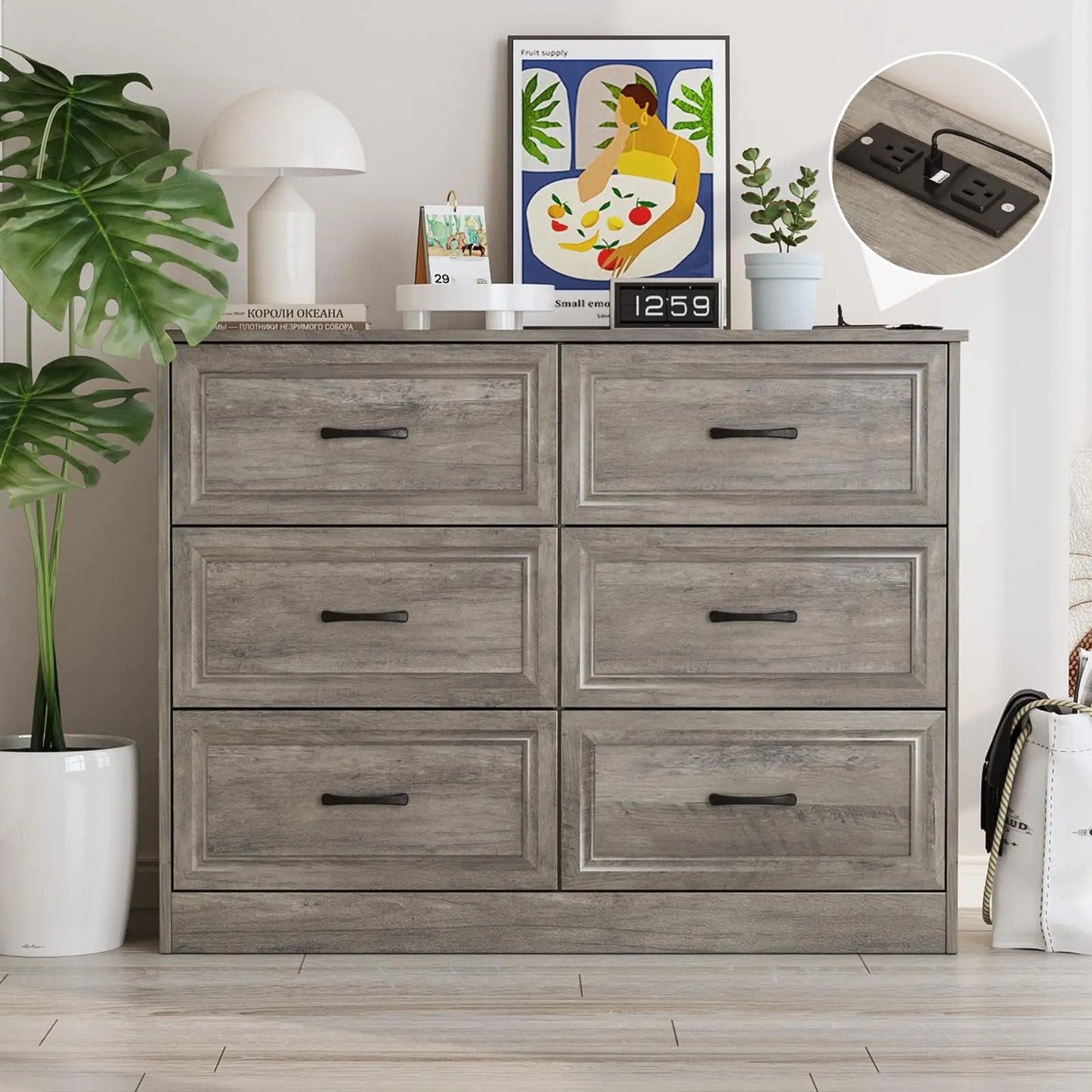 Vabches 6 Drawer Dresser for Bedroom Wood Chest of Drawers with Power Strip Tall Dresser Organizer with Metal Handle for Hallway annizon.com