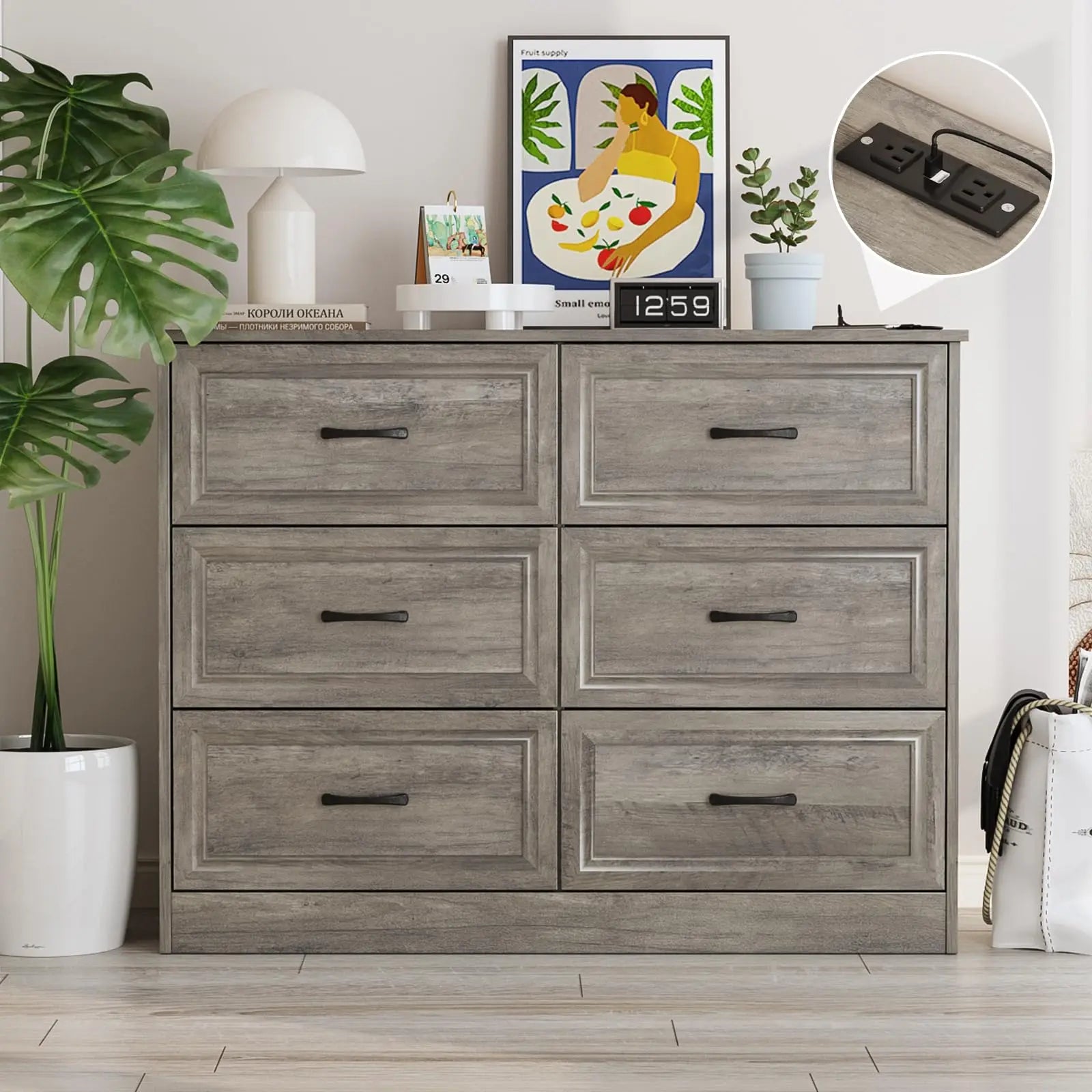 Vabches 6 Drawer Dresser for Bedroom Wood Chest of Drawers with Power Strip Tall Dresser Organizer with Metal Handle for Hallway annizon.com