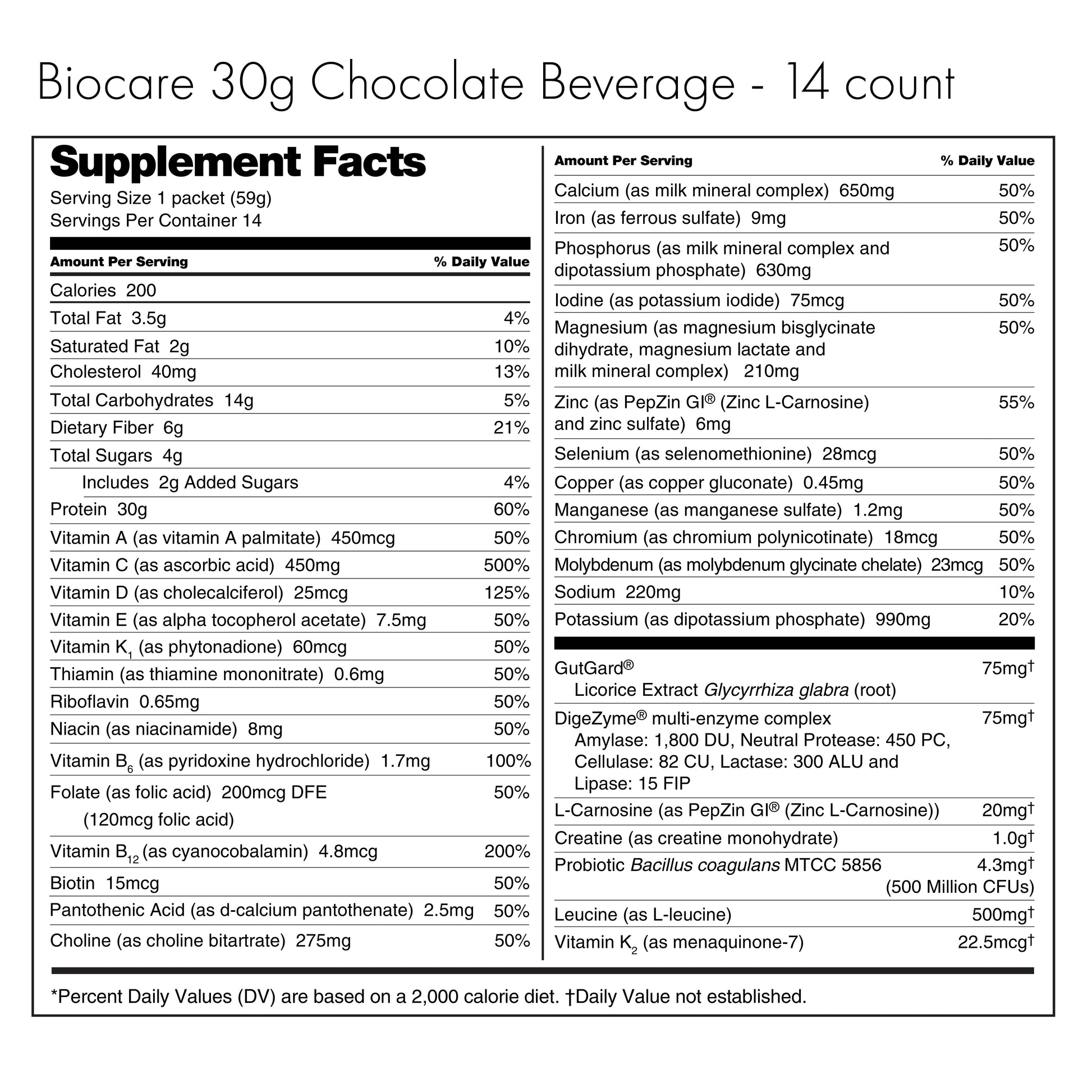 30G Protein Chocolate Biocare Dietary Beverage (14-Servings) Biocare