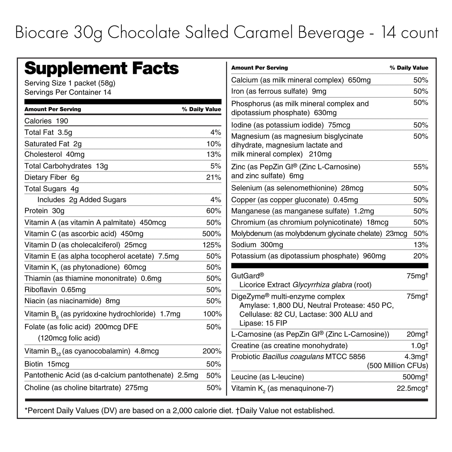 30G Protein Chocolate Salted Caramel Biocare Dietary Beverage (14-Count) Biocare