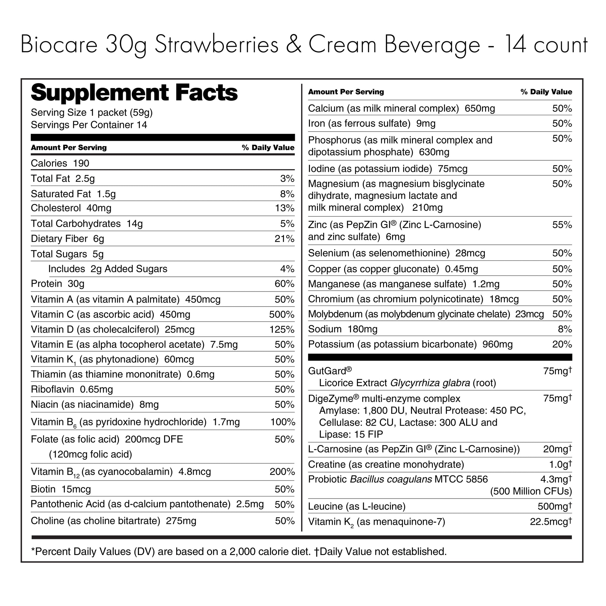 30G Protein Strawberries & Cream Biocare Dietary Beverage (14-Servings) Biocare