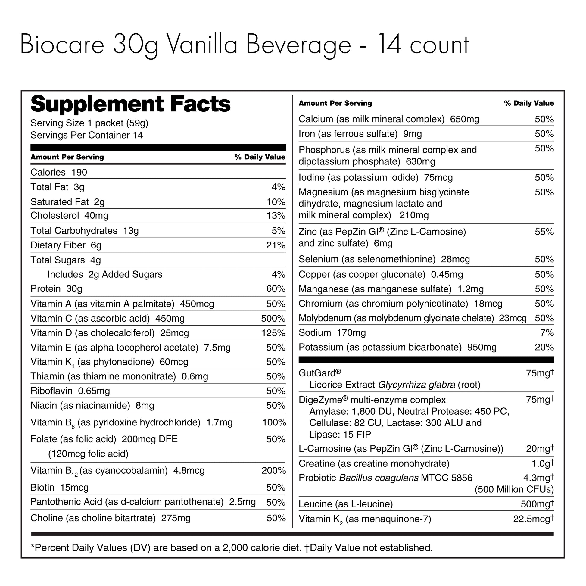 30G Protein Vanilla Biocare Dietary Beverage (14 Servings) Biocare
