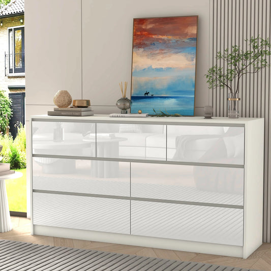 7 Drawer Dresser for Bedroom, 55 Inch Modern Dresser with High Gloss Drawers, Large Wood Chest of Drawer, White/Black annizon.com