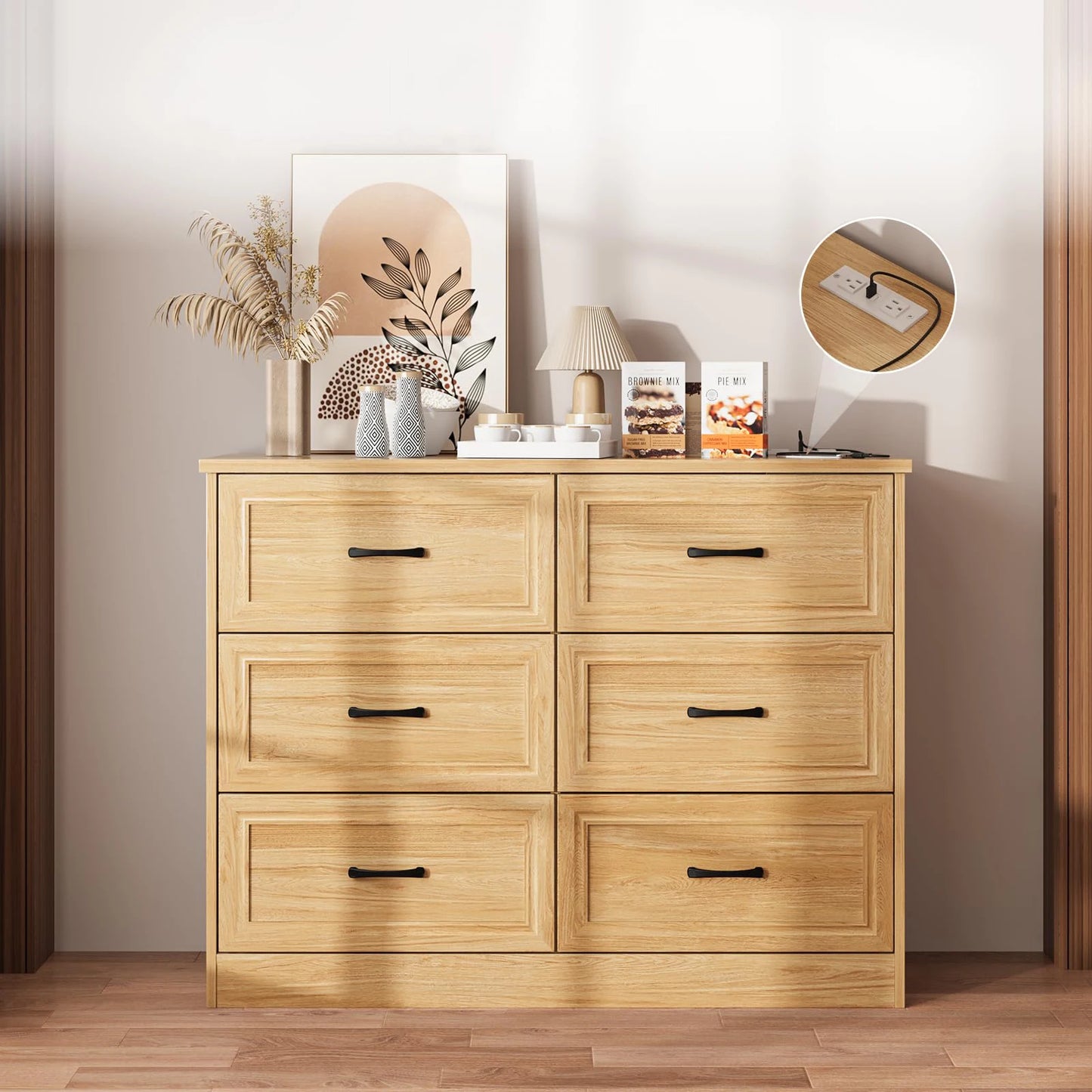 Vabches 6 Drawer Dresser for Bedroom Wood Chest of Drawers with Power Strip Tall Dresser Organizer with Metal Handle for Hallway annizon.com