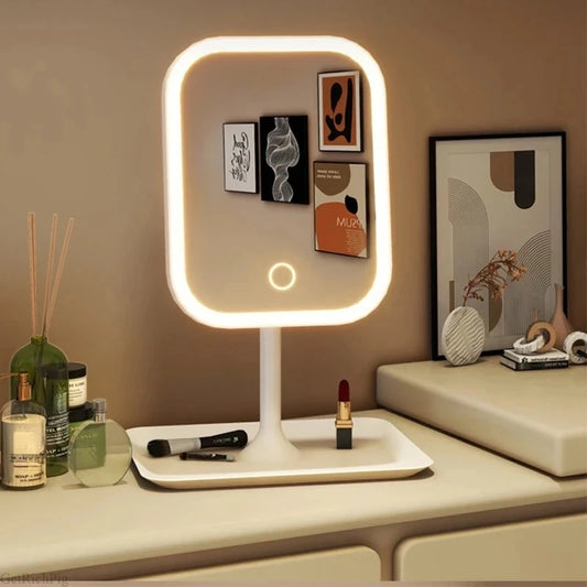 Unique Designer Vanity Mirror Three ColorsLEDLight Makeup Mirror Touch Control Desktop Mirror Bedroom Dressing Mirror annizon.com