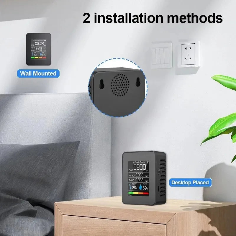 HOMEFISH 5in1 CO2 Meter Digital Temperature Humidity Tester Carbon Dioxide TVOC HCHO Detector Air Quality Monitor