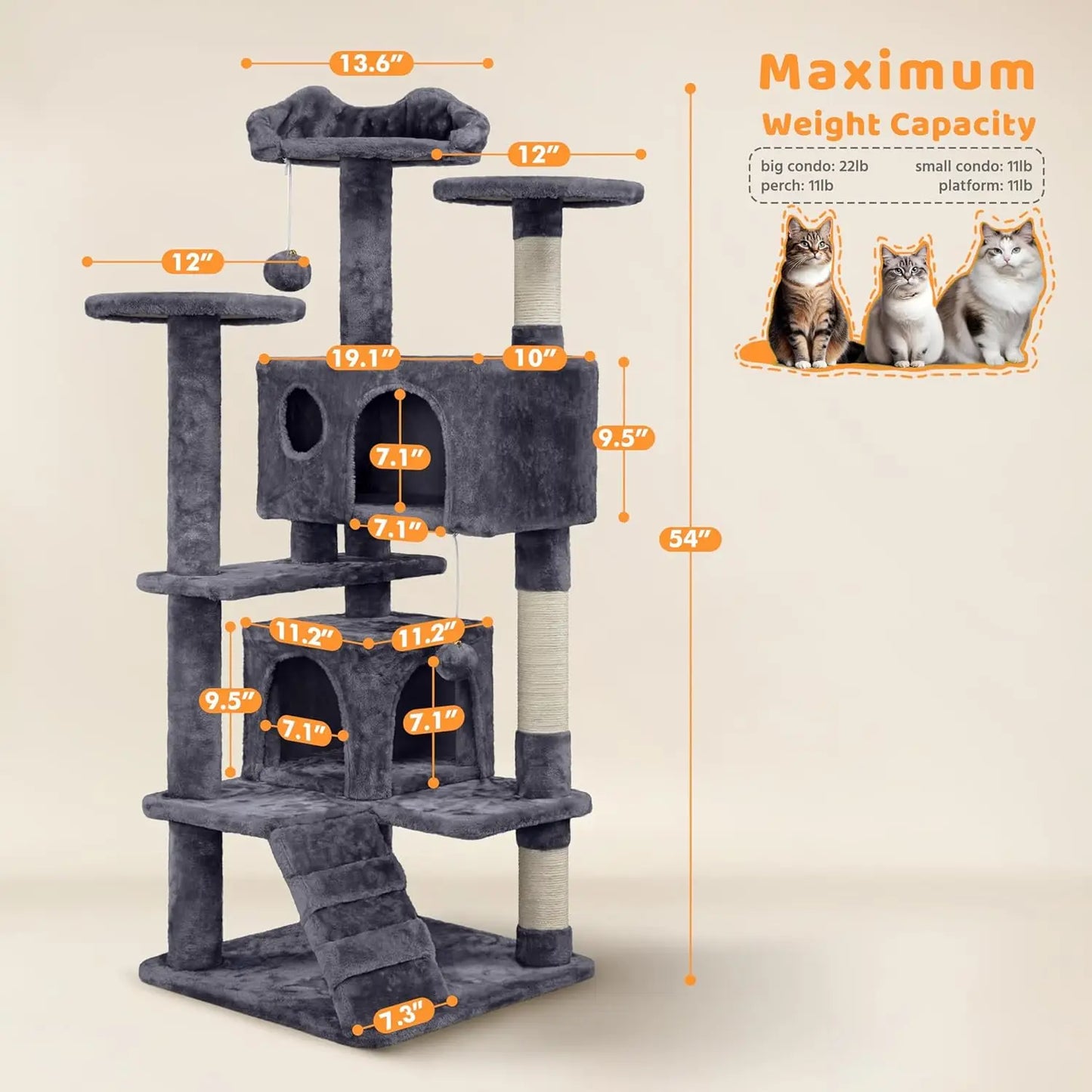 54in Multi-Level Cat Tree Kitten-ear Perch 2 Caves Scratch Posts Ladder 2 Balls Indoor Kittens Durable Pet Furniture , Custom annizon.com