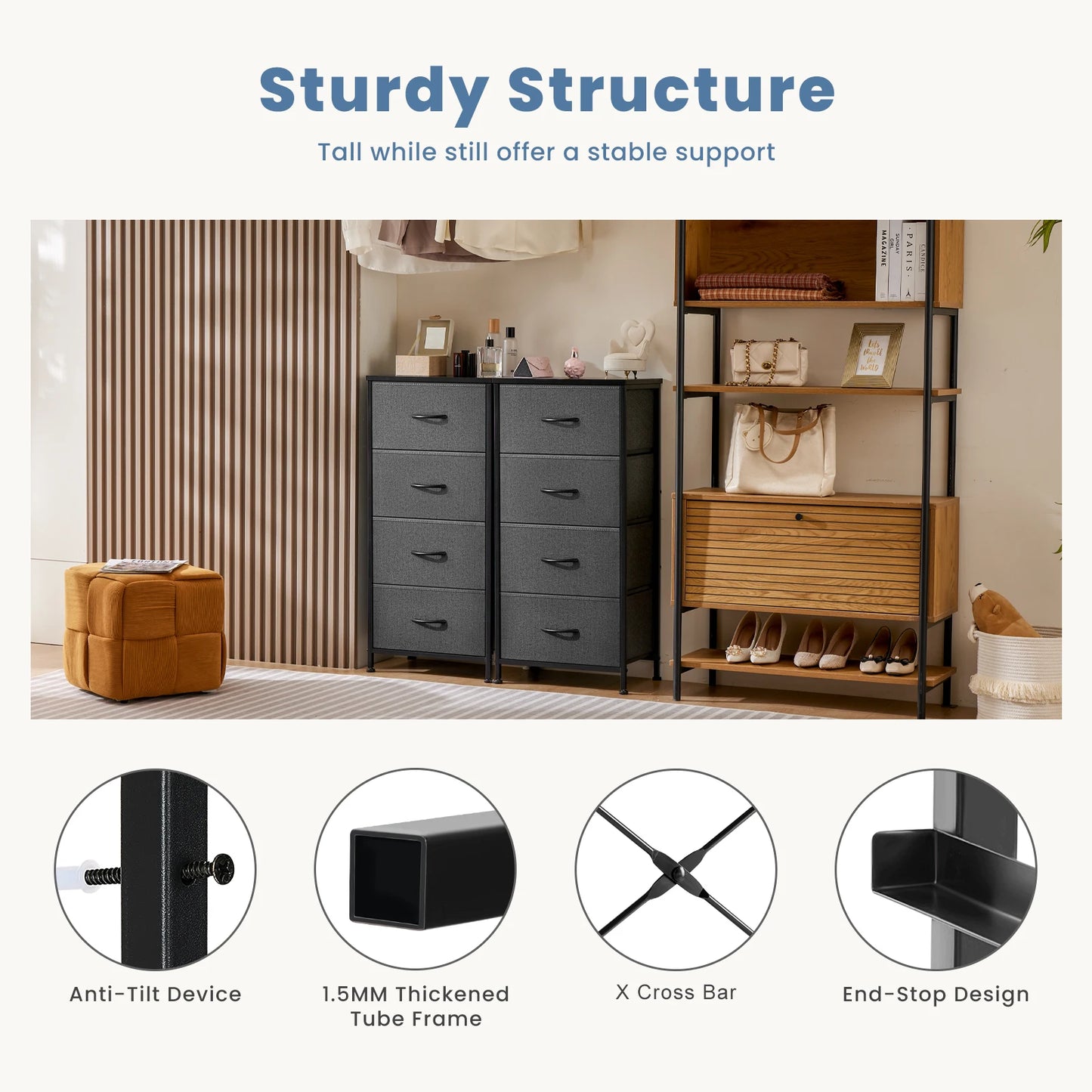 JHK Dresser For Bedroom With 4 Fabric Drawers Nightstand Wardrobe Steel Frame Closet For Clothes Storage Cabinet Of Furniture annizon.com