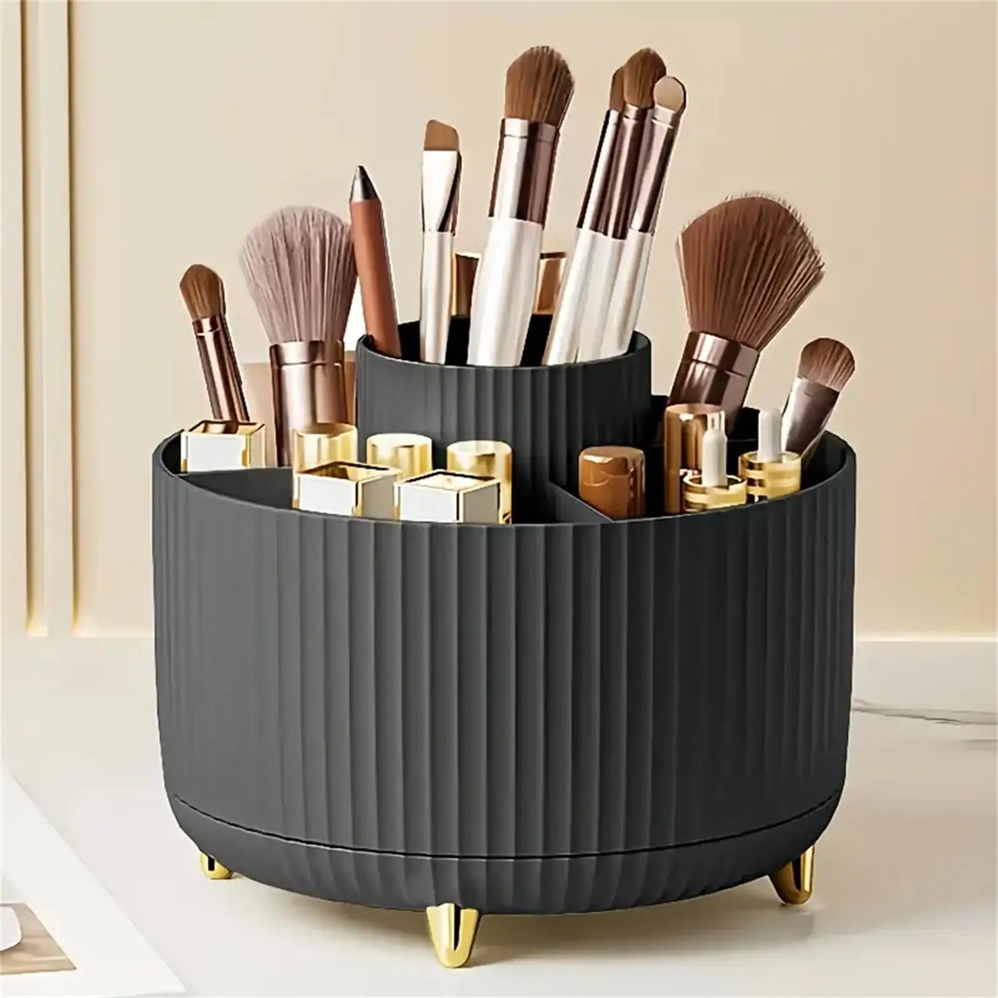360° Rotating Makeup Organizer - 1pc Plastic Cosmetic Storage with 5 Compartments - Multi-Functional Holder for Brushes annizon.com