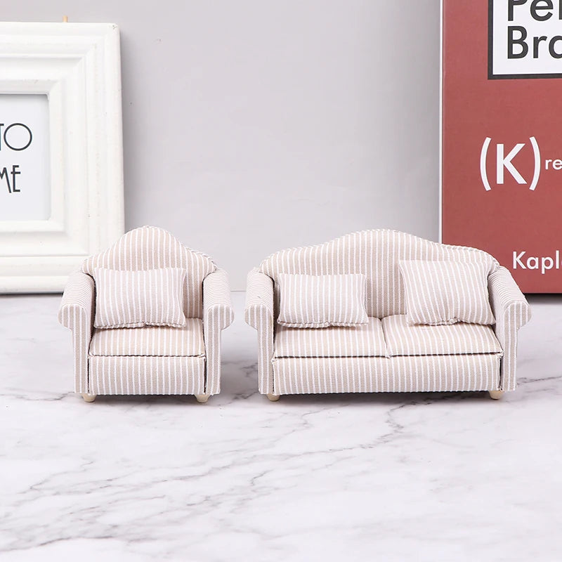 1:12 Dollhouse Miniature Striped Furniture Sofa With Pillow Sofa Model Furniture Scene Toy Doll House Decor Dollhouse Accessorie annizon.com