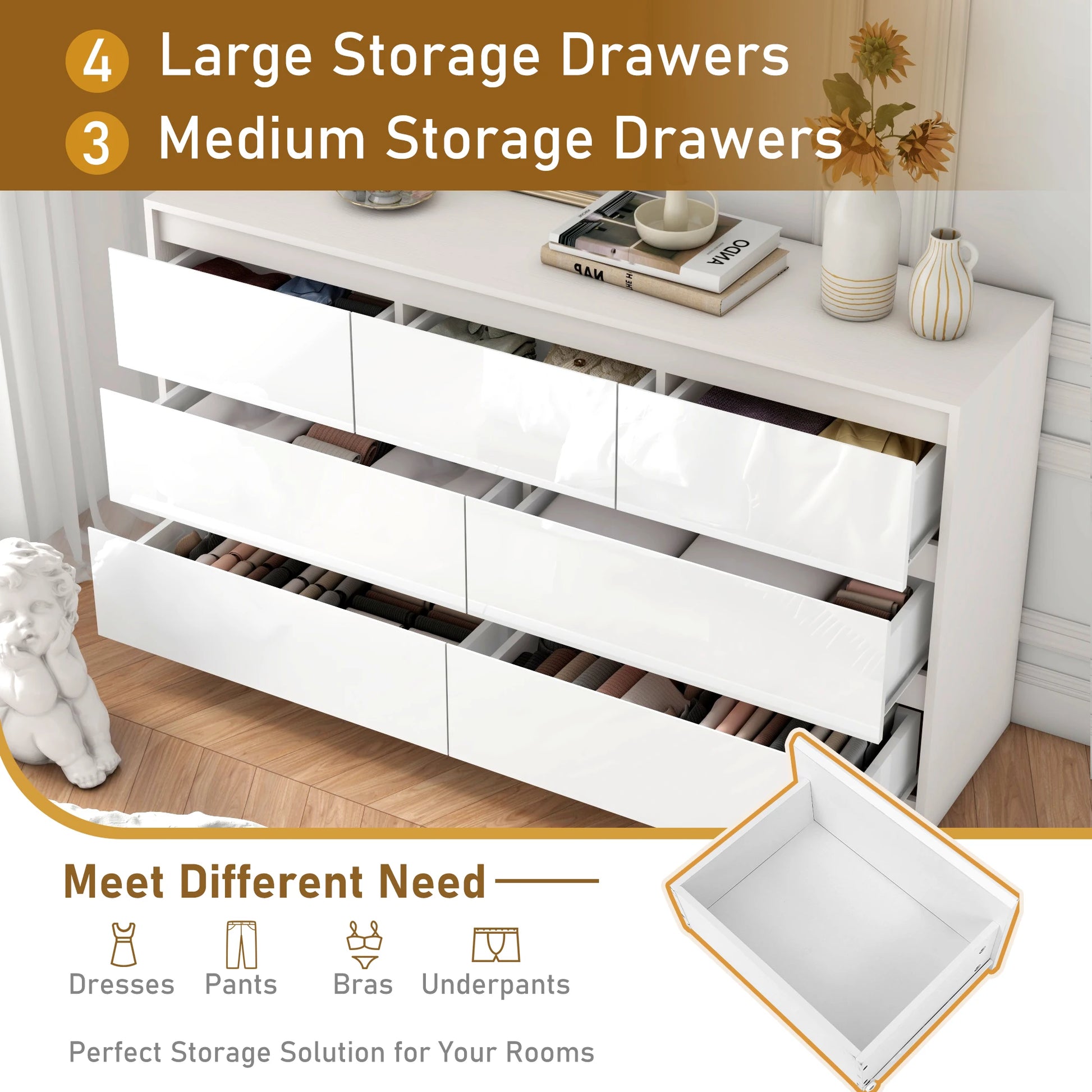 7 Drawer Dresser for Bedroom, 55 Inch Modern Dresser with High Gloss Drawers, Large Wood Chest of Drawer, White/Black annizon.com