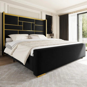 Bed Frame with 55.12" Tall Headboard, Modern Luxury Velvet Upholstered Platform Bed with Gold Trim, Wide Wingback, Custom