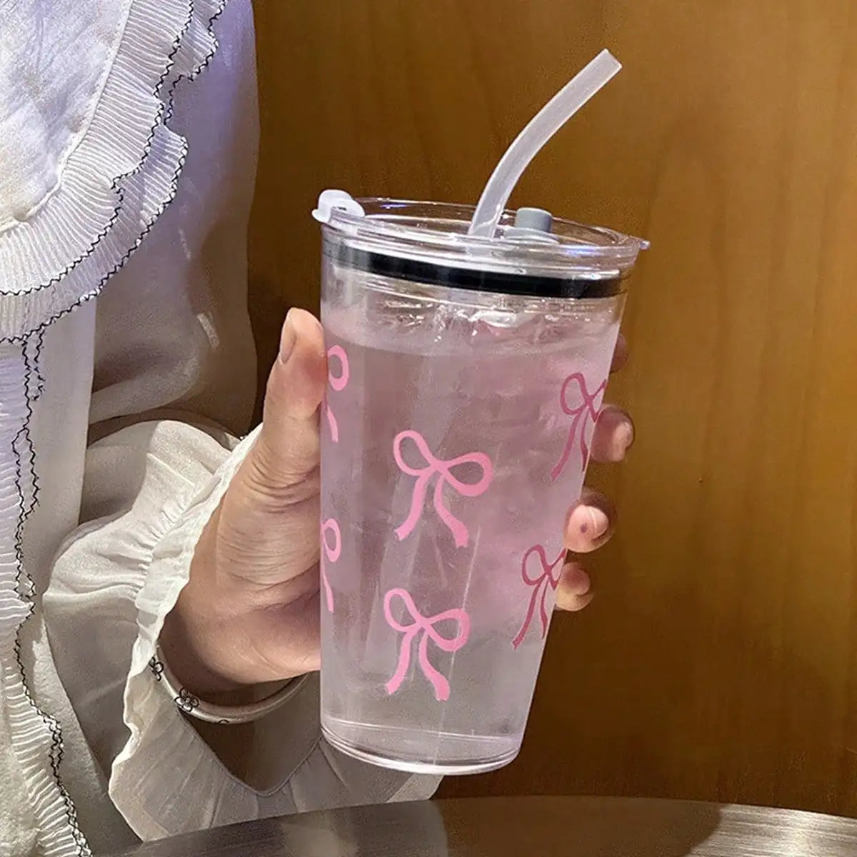 Bow Tie Print Water Bottle - Transparent Plastic With Lid