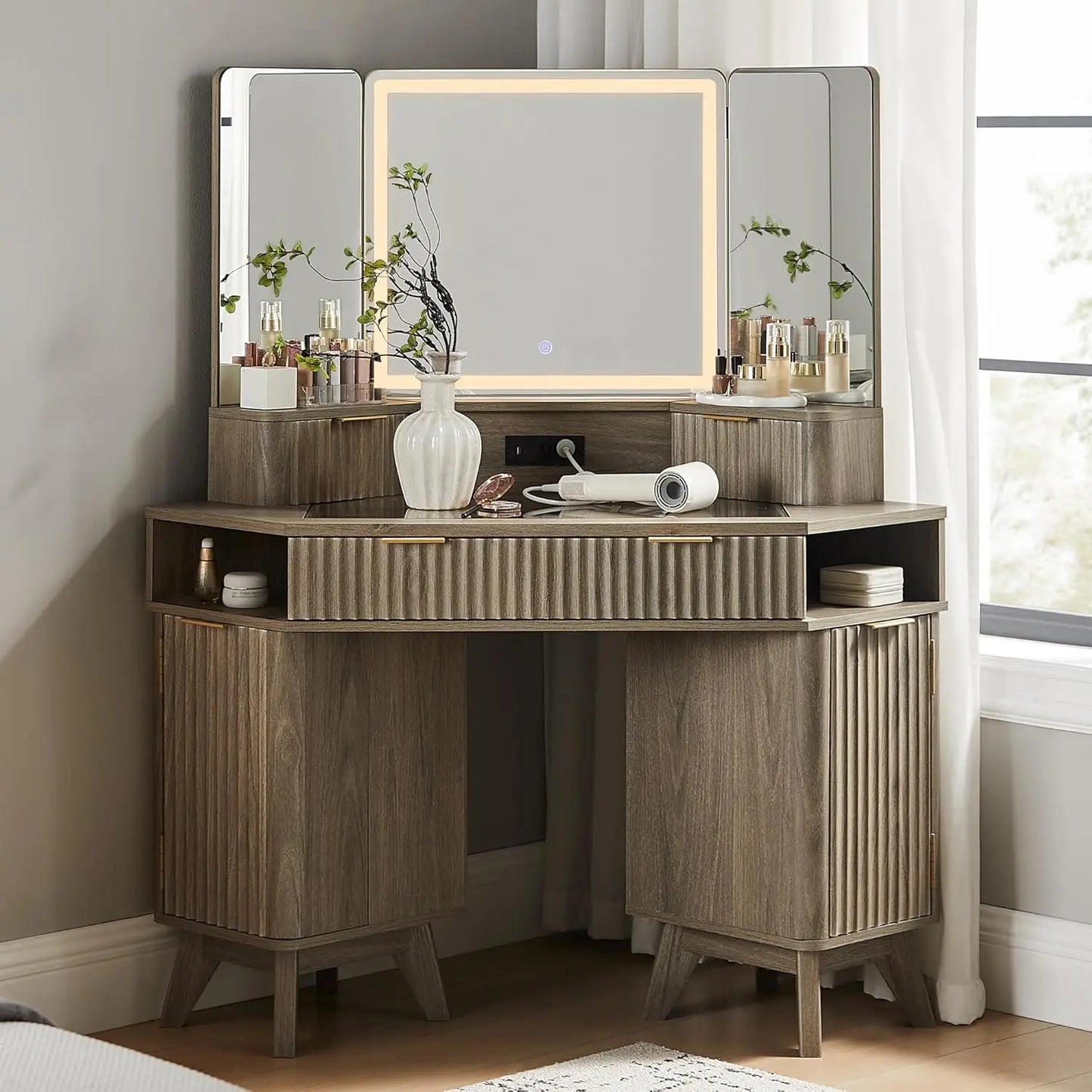 Fluted Makeup Vanity Desk with 3 Way Mirror and Lights, 48" Large Corner Vanity Table with Glass Top, Charging, Customized annizon.com