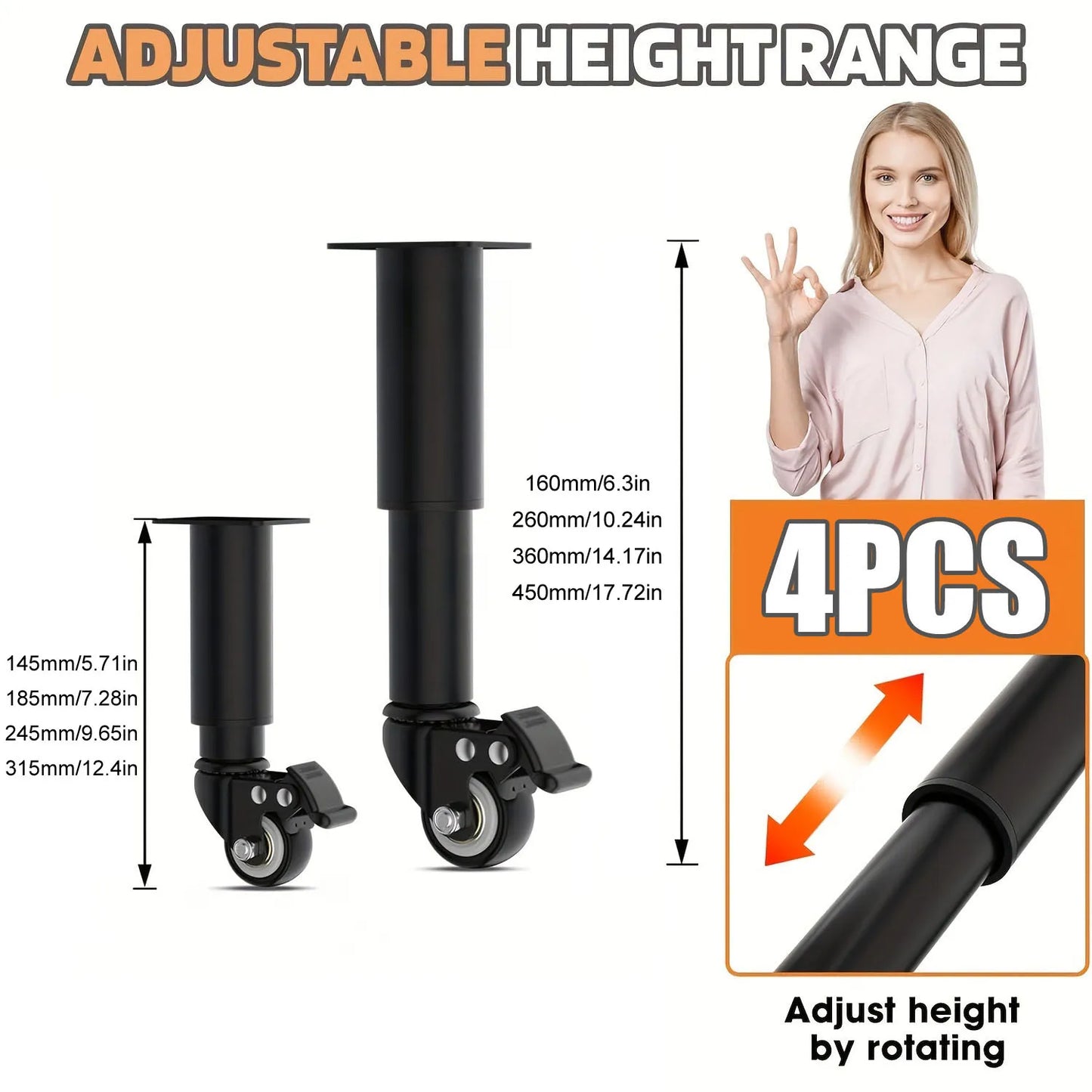 4pcs Metal Extendable Furniture Legs with Casters,  Table Legs,with Heavy-Duty Replacement for Cabinets, Sofas, Desks, Dressers annizon.com
