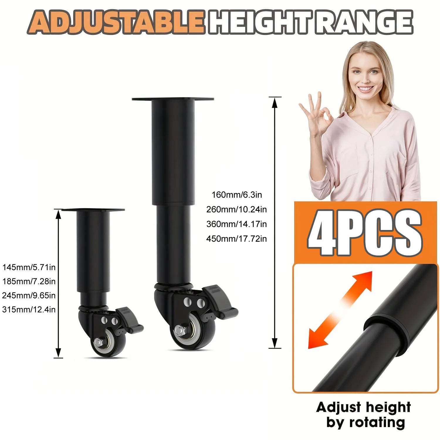 4pcs Metal Extendable Furniture Legs with Casters,  Table Legs,with Heavy-Duty Replacement for Cabinets, Sofas, Desks, Dressers annizon.com