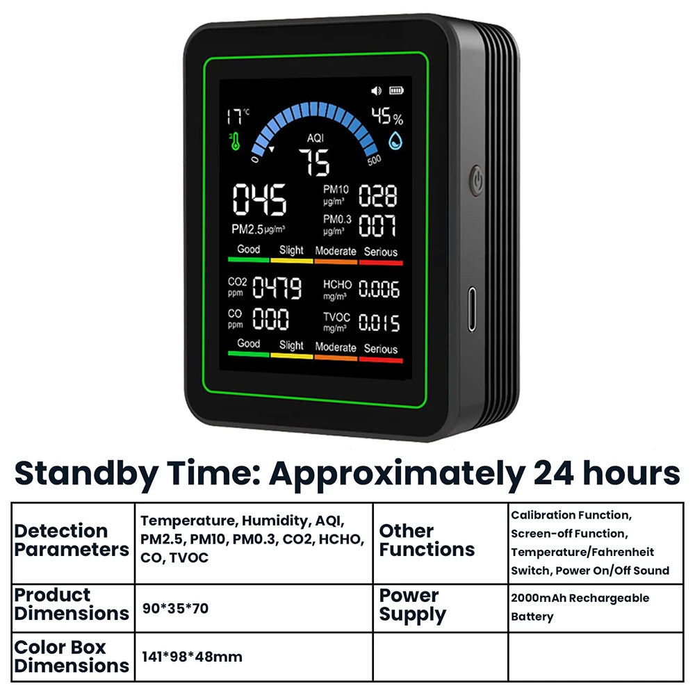 10-in-1 CO2 Air Quality Detector PM0.3 PM1.0 PM2.5 PM10 HCHO TVOC Tester Temperature and Humidity Meter Carbon Dioxide Monitor
