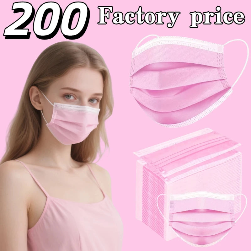 Great Value! Pink Disposable Masks - 3-Layer Breathable and Comfortable, Adjustable Ear Loops and Snug-Fitting Nose Pads - 200/100/50/10 Pieces, Cheap for Home Use, Can Be Purchased in Bulk, Perfect for Outdoor Activities, Ho