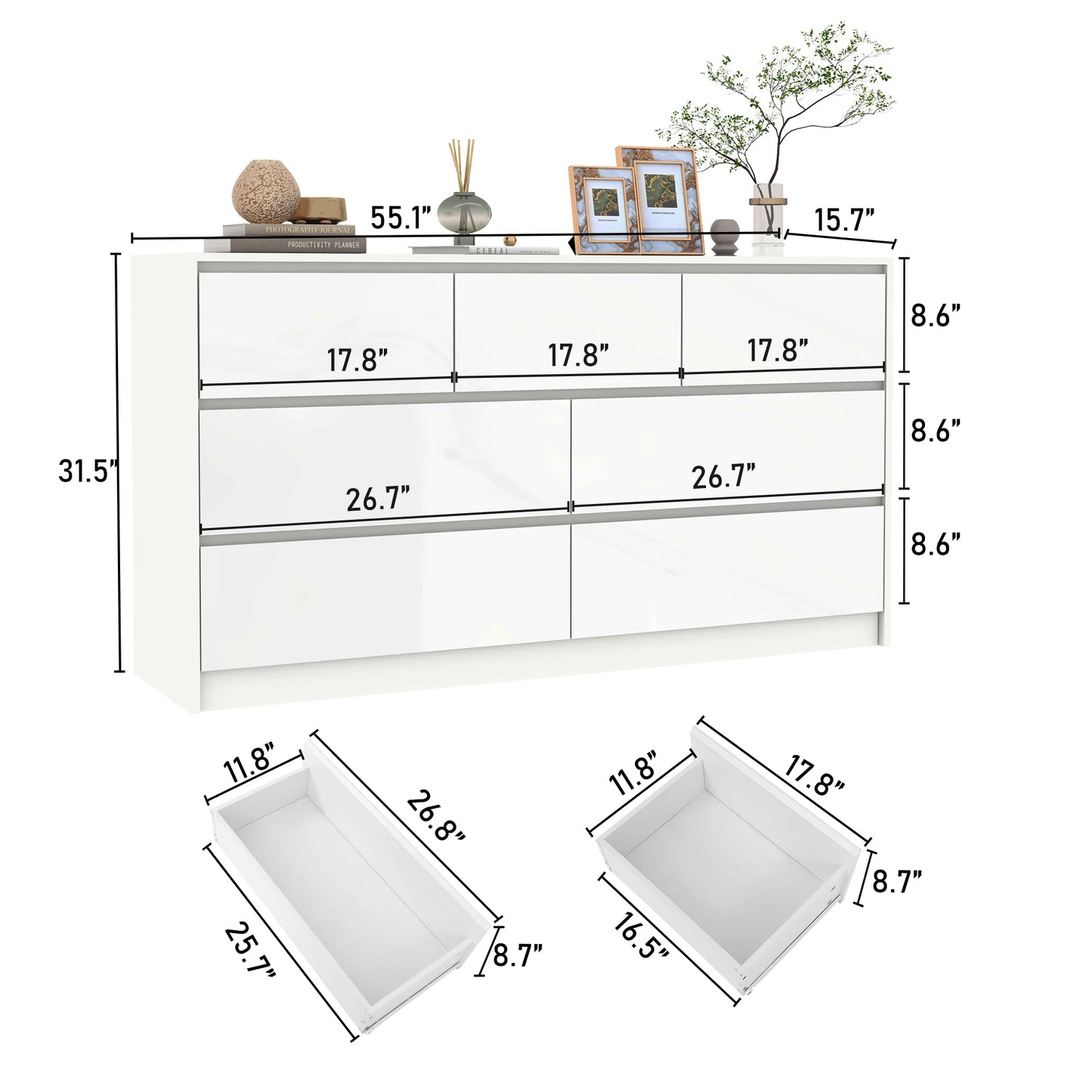 7 Drawer Dresser for Bedroom, 55 Inch Modern Dresser with High Gloss Drawers, Large Wood Chest of Drawer, White/Black annizon.com
