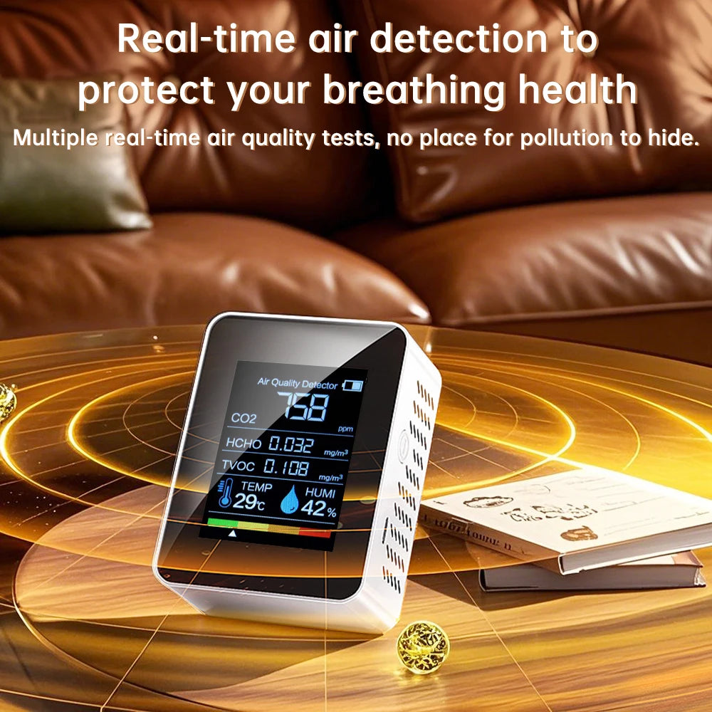 5-in-1 Carbon Dioxide Detector Formaldehyde/TVOC/CO₂/Temperature/Humidity Air Quality Monitor Audible and Visual Alarm Function