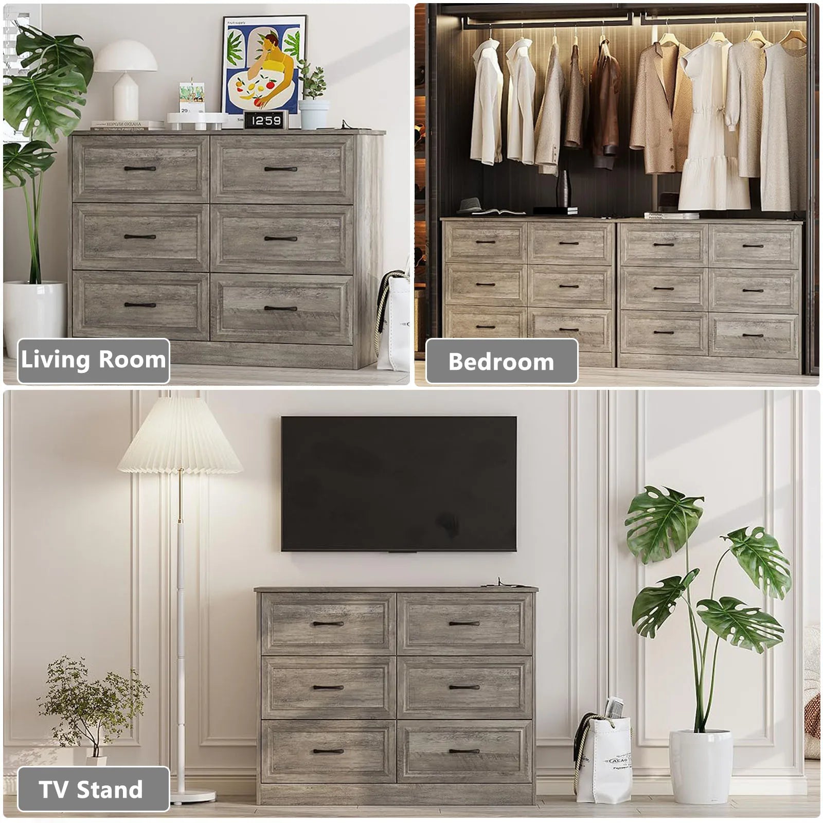 Vabches 6 Drawer Dresser for Bedroom Wood Chest of Drawers with Power Strip Tall Dresser Organizer with Metal Handle for Hallway annizon.com